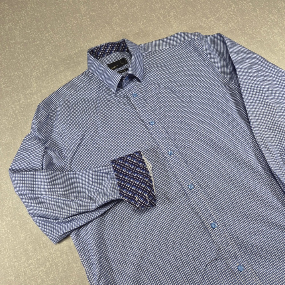 Quieti Mens Blue White Micro Houndstooth Fine Cotton Button Down Shirt Size M